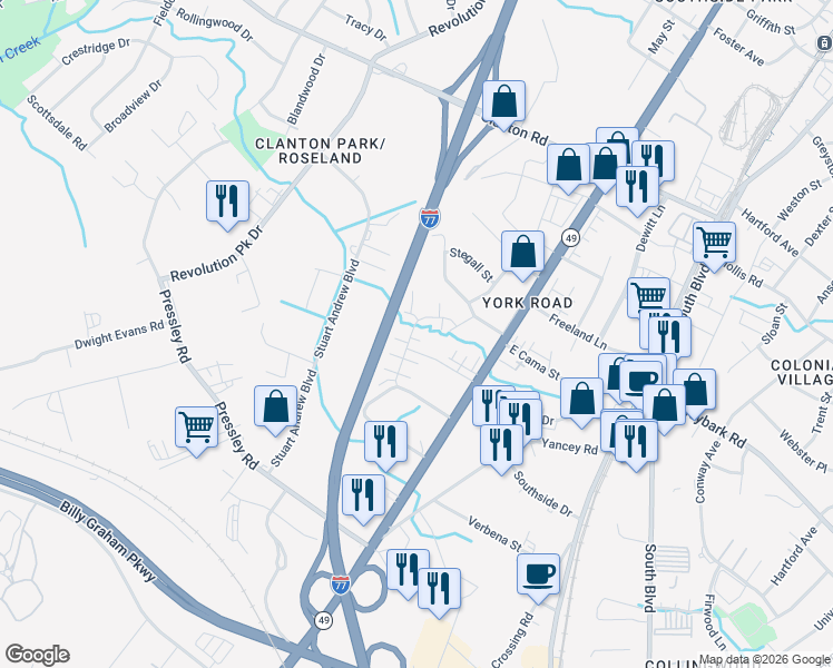 map of restaurants, bars, coffee shops, grocery stores, and more near in Charlotte