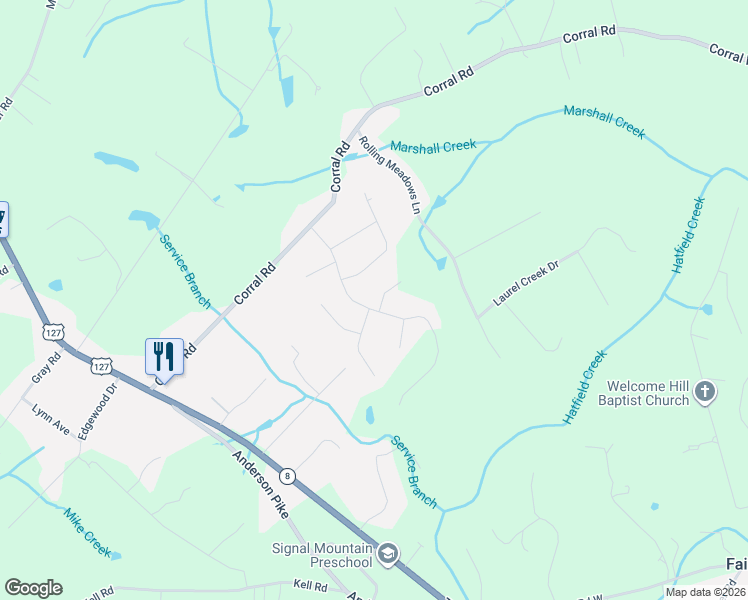 map of restaurants, bars, coffee shops, grocery stores, and more near 2402 Anchor Trail in Signal Mountain