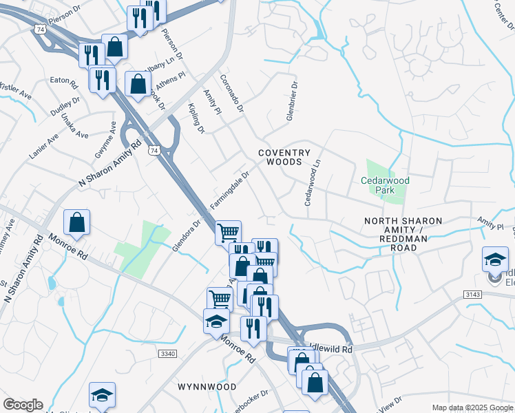 map of restaurants, bars, coffee shops, grocery stores, and more near 4770 Old Lantern Way in Charlotte