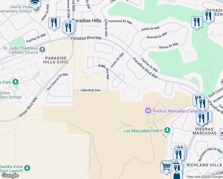 map of restaurants, bars, coffee shops, grocery stores, and more near 5320 Sur Vista Road Northwest in Albuquerque