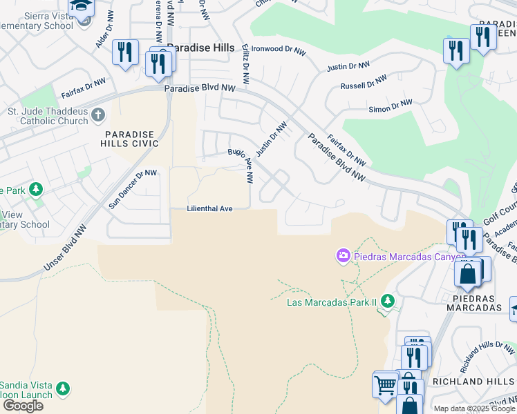 map of restaurants, bars, coffee shops, grocery stores, and more near 5320 Sur Vista Road Northwest in Albuquerque