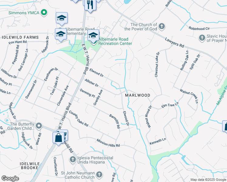 map of restaurants, bars, coffee shops, grocery stores, and more near 733 Allister Drive in Charlotte