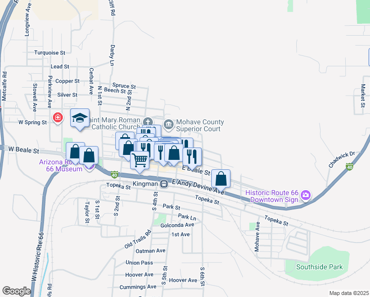 map of restaurants, bars, coffee shops, grocery stores, and more near 507 East Oak Street in Kingman