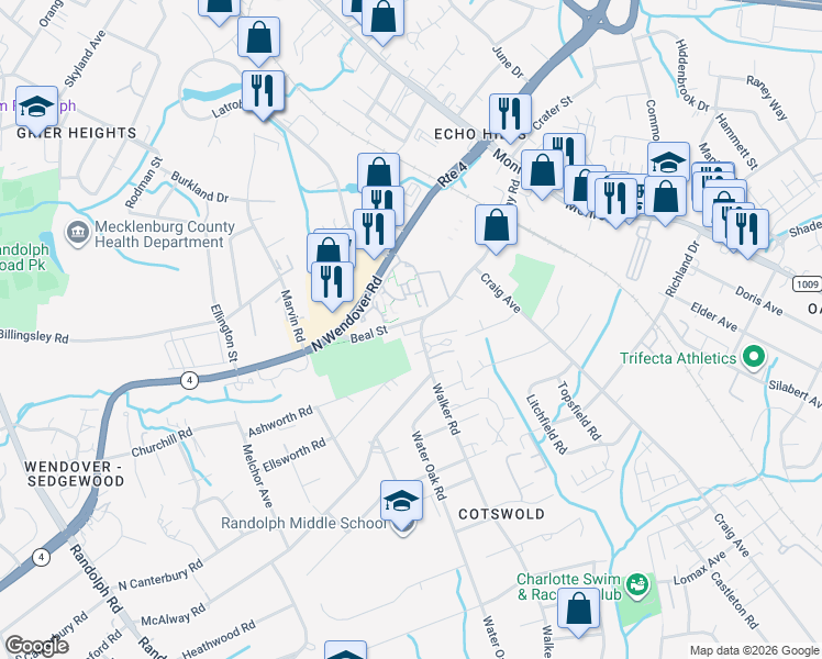 map of restaurants, bars, coffee shops, grocery stores, and more near 928 North Wendover Road in Charlotte