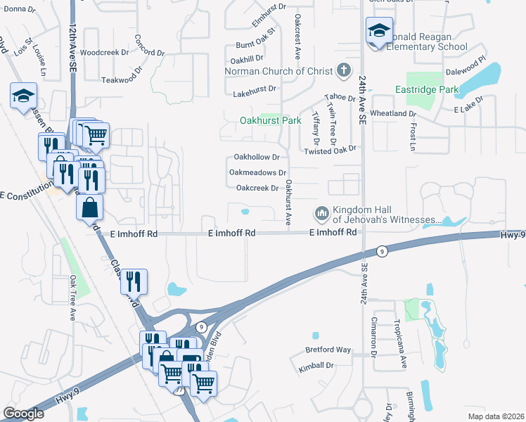 map of restaurants, bars, coffee shops, grocery stores, and more near 2006 Oakcreek Drive in Norman