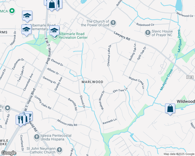 map of restaurants, bars, coffee shops, grocery stores, and more near 5331 Bellflower Lane in Charlotte