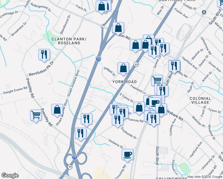 map of restaurants, bars, coffee shops, grocery stores, and more near in Charlotte