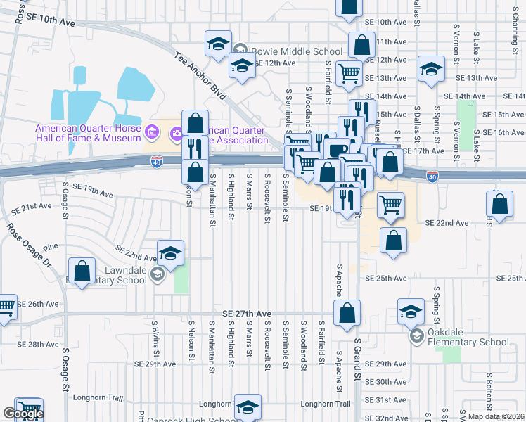 map of restaurants, bars, coffee shops, grocery stores, and more near 1717 South Roosevelt Street in Amarillo