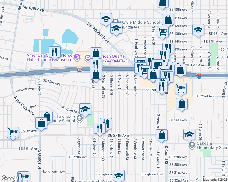 map of restaurants, bars, coffee shops, grocery stores, and more near 1709 South Manhattan Street in Amarillo