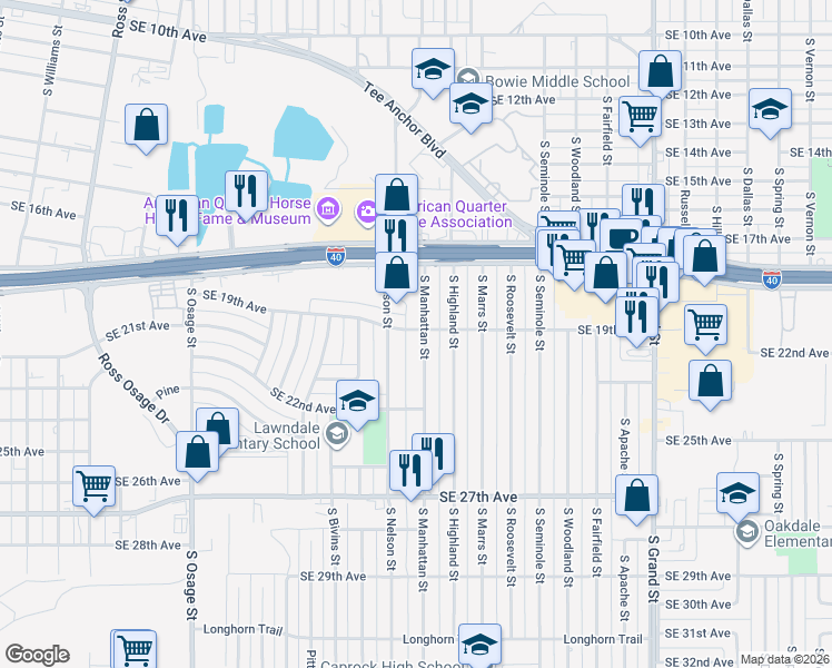 map of restaurants, bars, coffee shops, grocery stores, and more near 1822 S Manhattan St in Amarillo