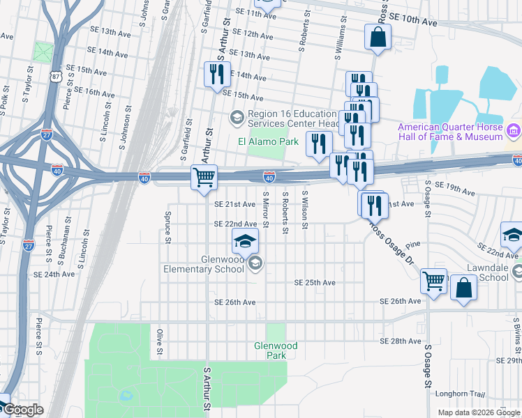 map of restaurants, bars, coffee shops, grocery stores, and more near 2007 South Mirror Street in Amarillo
