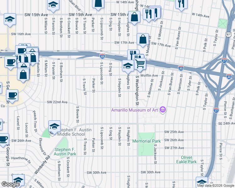 map of restaurants, bars, coffee shops, grocery stores, and more near 2042 South Hayden Street in Amarillo