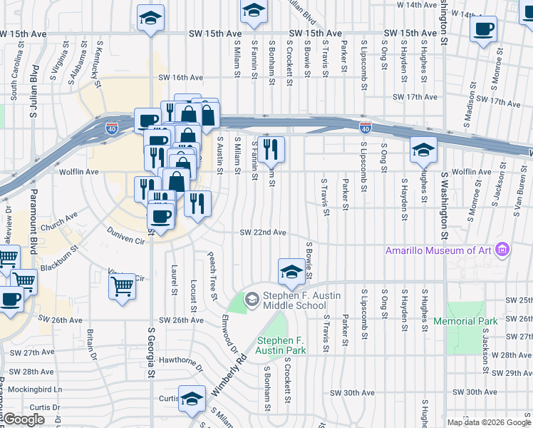 map of restaurants, bars, coffee shops, grocery stores, and more near 2014-2016 South Bonham Street in Amarillo