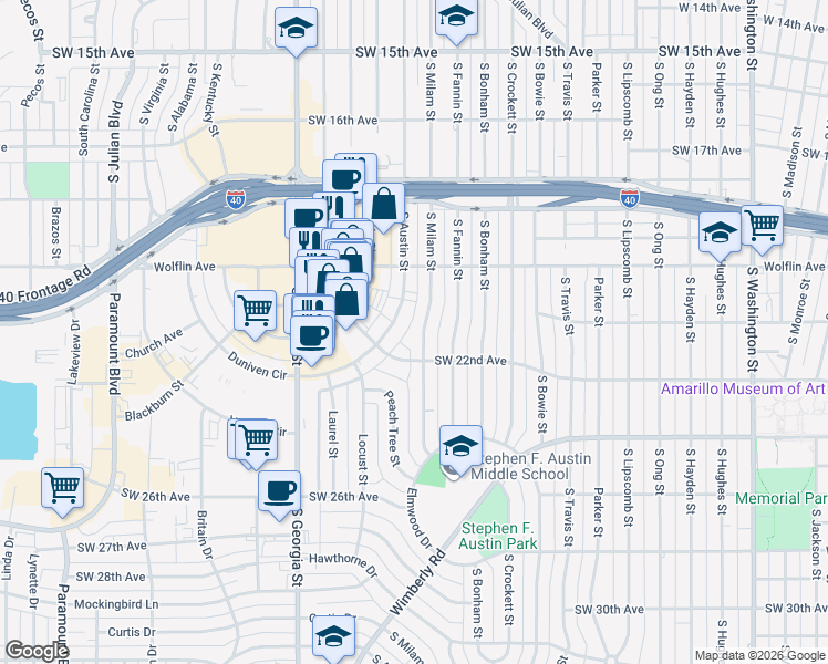 map of restaurants, bars, coffee shops, grocery stores, and more near 2026 South Austin Street in Amarillo