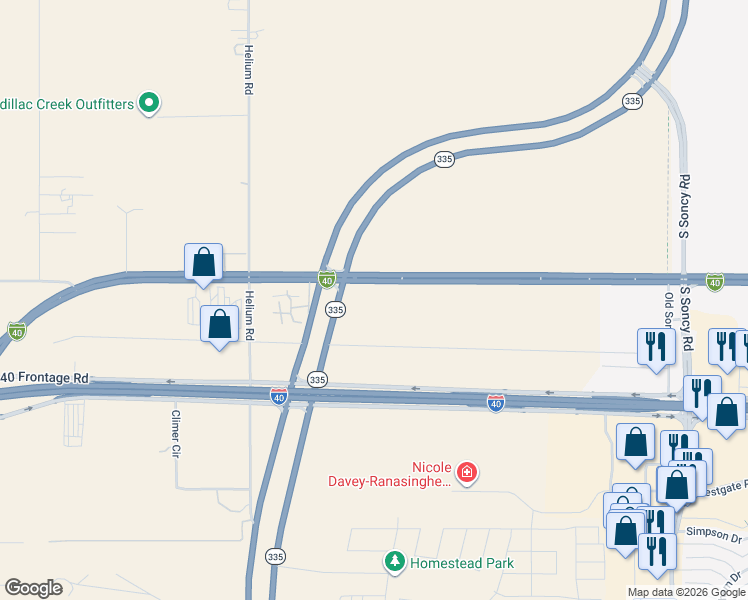 map of restaurants, bars, coffee shops, grocery stores, and more near 9701 Business Interstate 40 in Amarillo