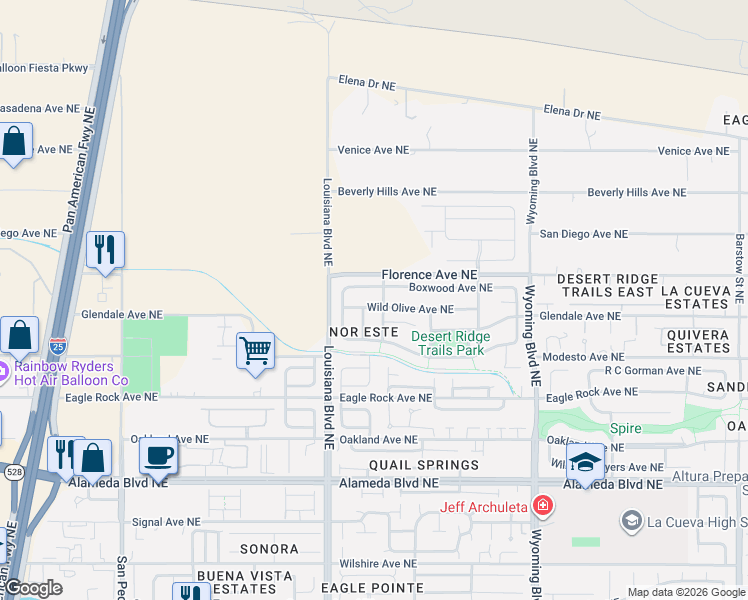 map of restaurants, bars, coffee shops, grocery stores, and more near 7111 Boxwood Avenue Northeast in Albuquerque