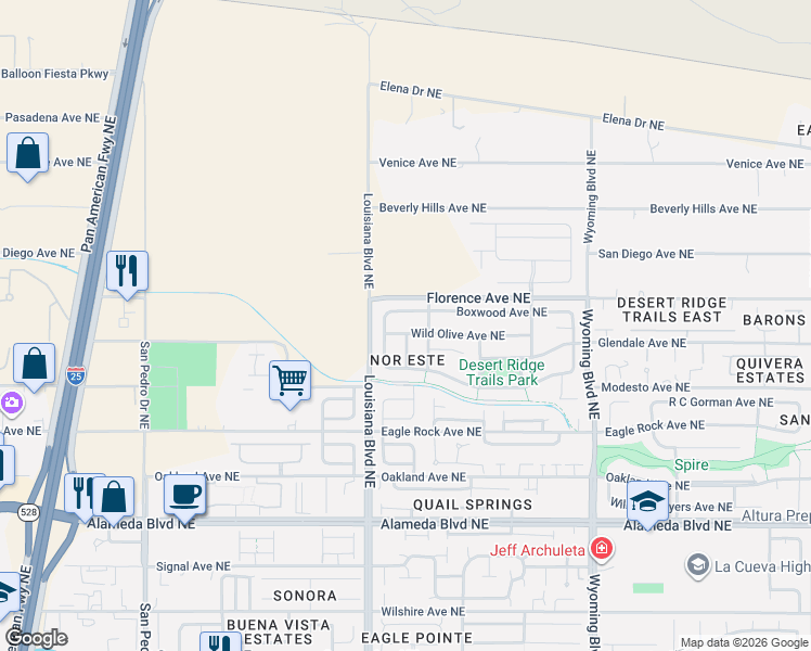 map of restaurants, bars, coffee shops, grocery stores, and more near 7111 Boxwood Avenue Northeast in Albuquerque