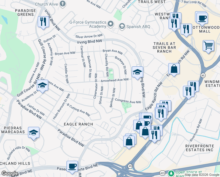 map of restaurants, bars, coffee shops, grocery stores, and more near 9836 Benton Street Northwest in Albuquerque
