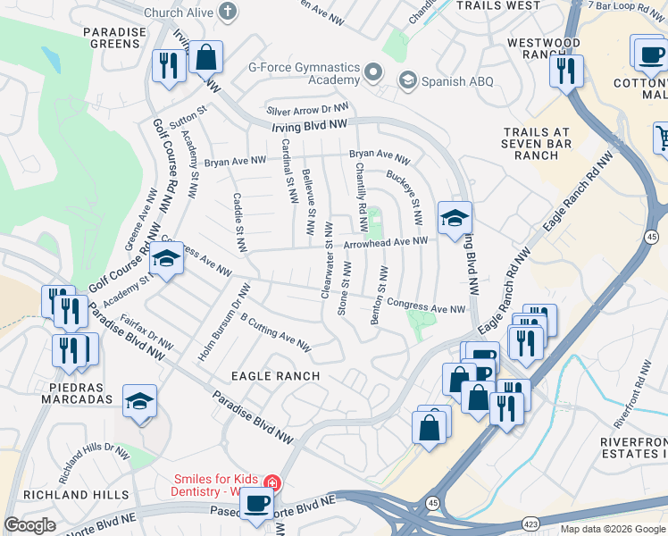 map of restaurants, bars, coffee shops, grocery stores, and more near 9829 Clearwater Street Northwest in Albuquerque