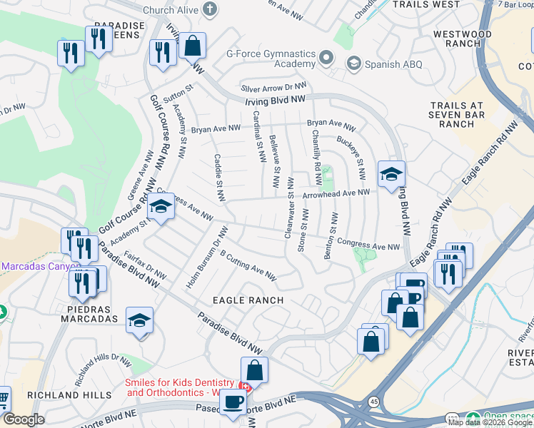 map of restaurants, bars, coffee shops, grocery stores, and more near 4524 Arrowhead Avenue Northwest in Albuquerque