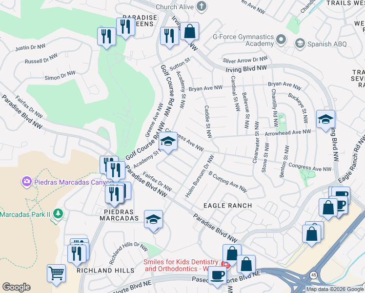 map of restaurants, bars, coffee shops, grocery stores, and more near 4629 Congress Avenue Northwest in Albuquerque