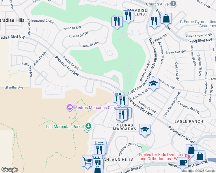 map of restaurants, bars, coffee shops, grocery stores, and more near 4942 Fairfax Drive Northwest in Albuquerque