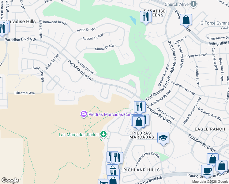 map of restaurants, bars, coffee shops, grocery stores, and more near 4942 Fairfax Drive Northwest in Albuquerque