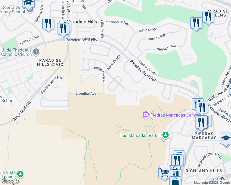 map of restaurants, bars, coffee shops, grocery stores, and more near 9716 Cassidy Drive Northwest in Albuquerque