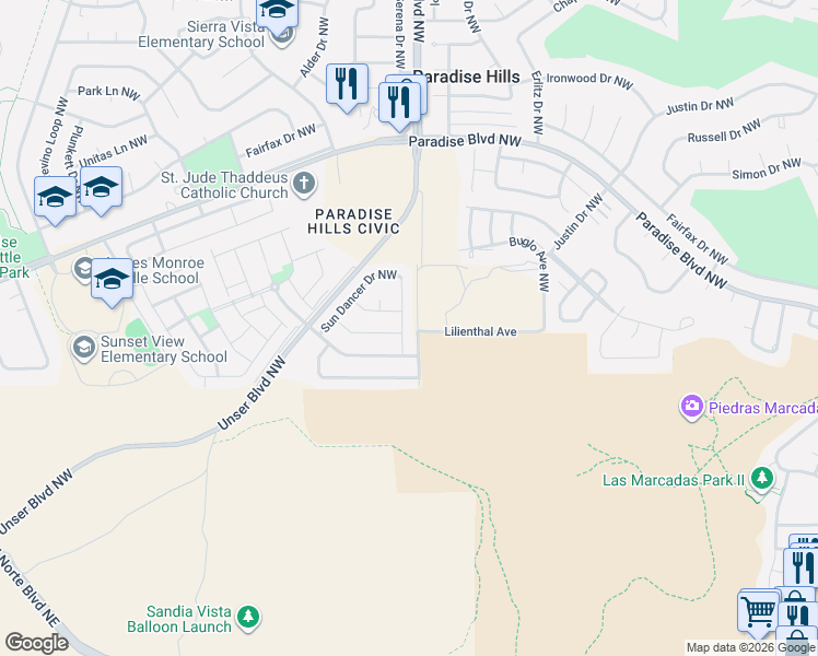 map of restaurants, bars, coffee shops, grocery stores, and more near 9601 Jacks Creek Drive Northwest in Albuquerque