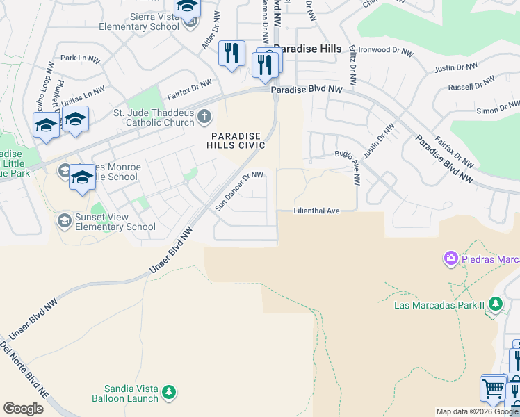 map of restaurants, bars, coffee shops, grocery stores, and more near 9601 Jacks Creek Drive Northwest in Albuquerque