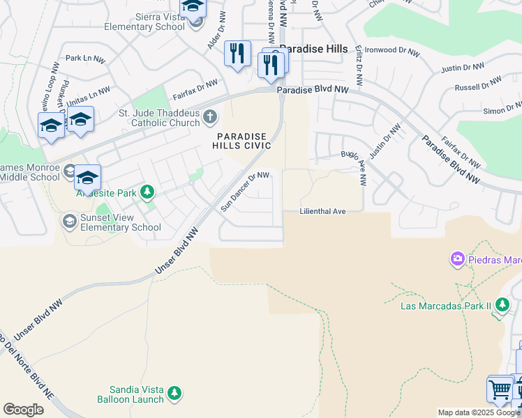 map of restaurants, bars, coffee shops, grocery stores, and more near 9601 Jacks Creek Drive Northwest in Albuquerque