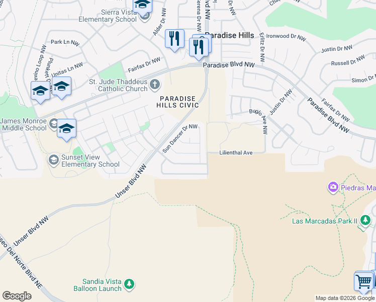 map of restaurants, bars, coffee shops, grocery stores, and more near 9600 Sun Dancer Drive Northwest in Albuquerque