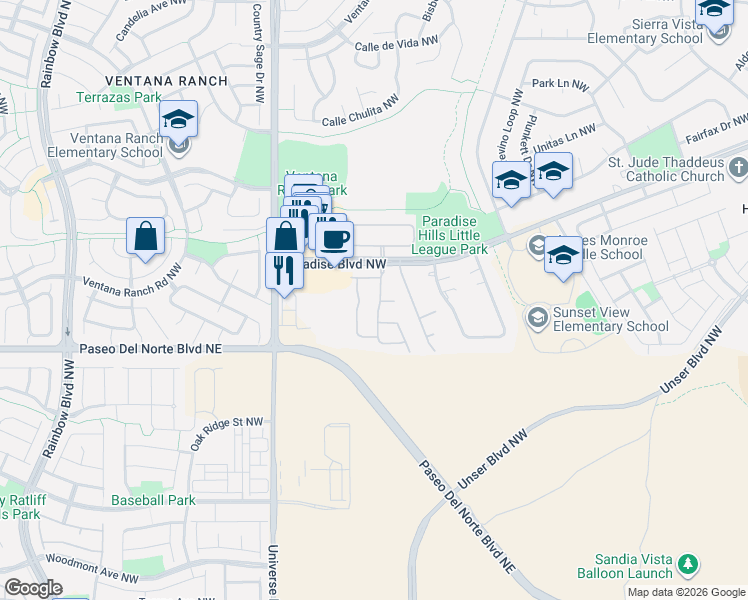 map of restaurants, bars, coffee shops, grocery stores, and more near 9735 Vivaldi Trail Northwest in Albuquerque