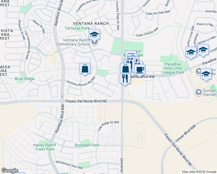 map of restaurants, bars, coffee shops, grocery stores, and more near 9701 Monteria Street Northwest in Albuquerque