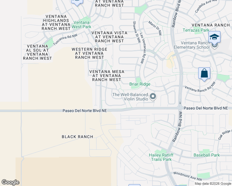 map of restaurants, bars, coffee shops, grocery stores, and more near 7839 Mesa De Oro Road Northwest in Albuquerque