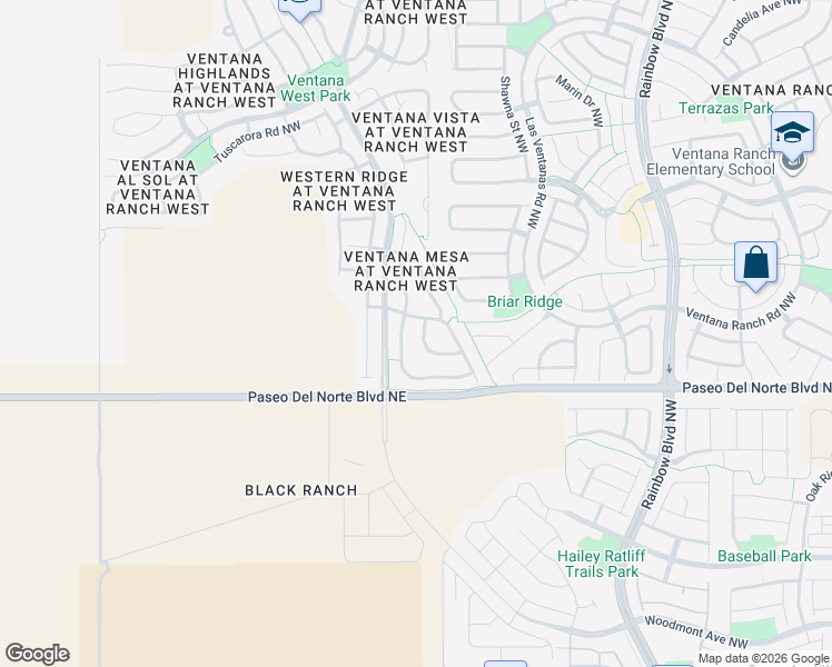 map of restaurants, bars, coffee shops, grocery stores, and more near 7839 Mesa De Oro Road Northwest in Albuquerque