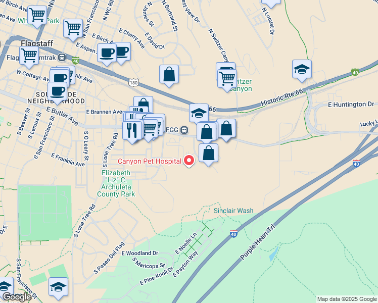 map of restaurants, bars, coffee shops, grocery stores, and more near 201 South River Run Road in Flagstaff