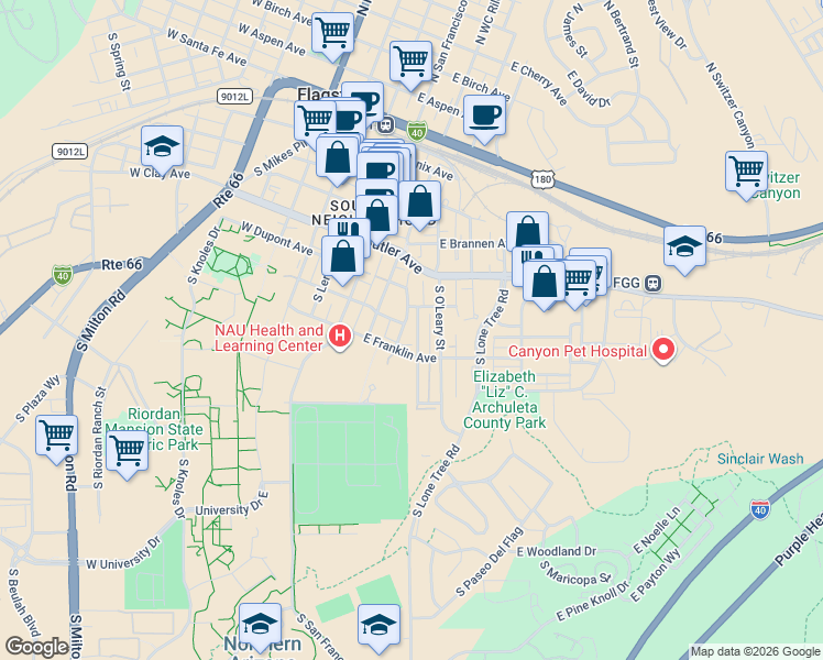 map of restaurants, bars, coffee shops, grocery stores, and more near 412 South Verde Street in Flagstaff