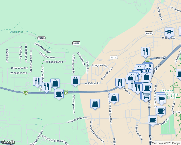 map of restaurants, bars, coffee shops, grocery stores, and more near 18 Longview Road in Flagstaff