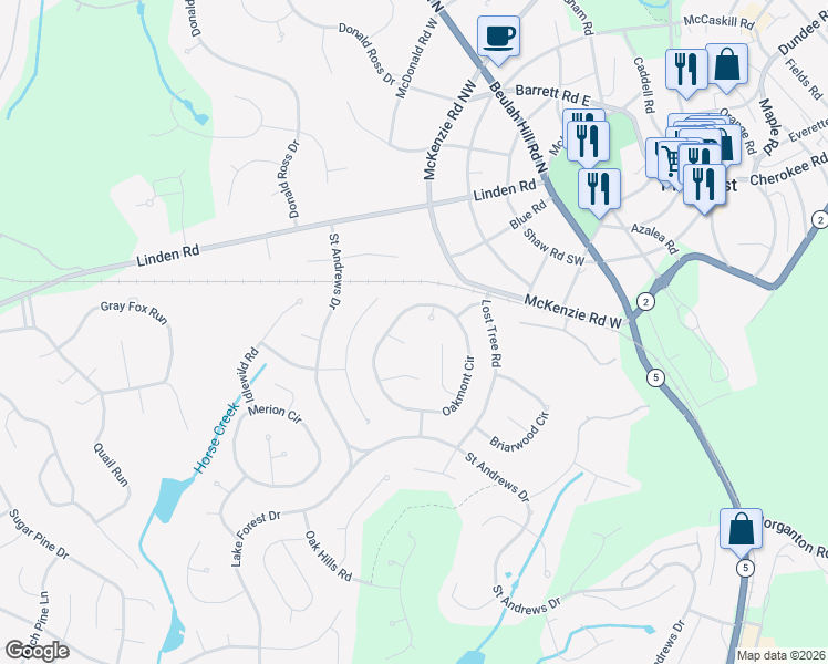 map of restaurants, bars, coffee shops, grocery stores, and more near 335 Oakmont Circle in Pinehurst