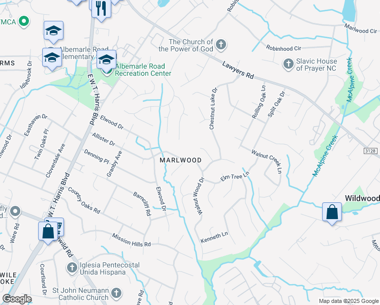 map of restaurants, bars, coffee shops, grocery stores, and more near 5331 Bellflower Lane in Charlotte