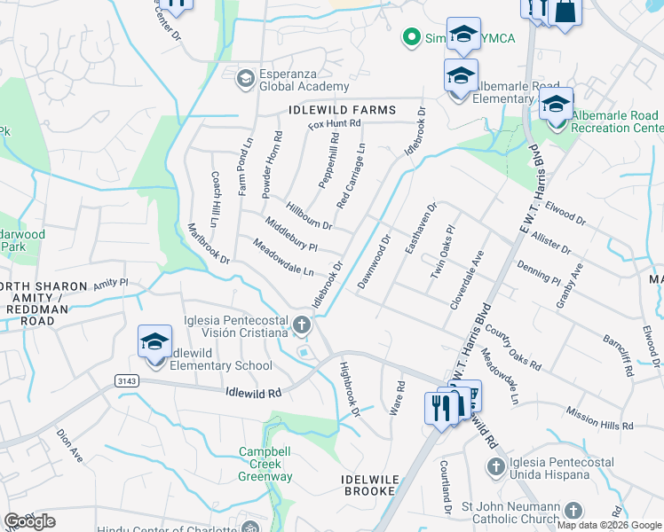 map of restaurants, bars, coffee shops, grocery stores, and more near 7527 Middlebury Place in Charlotte