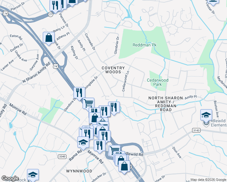 map of restaurants, bars, coffee shops, grocery stores, and more near 1026 Vandalia Drive in Charlotte