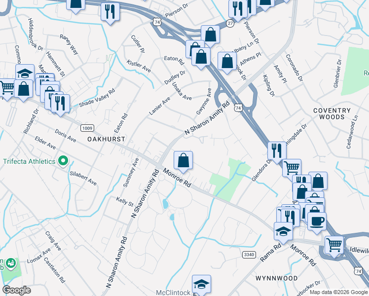 map of restaurants, bars, coffee shops, grocery stores, and more near in Charlotte