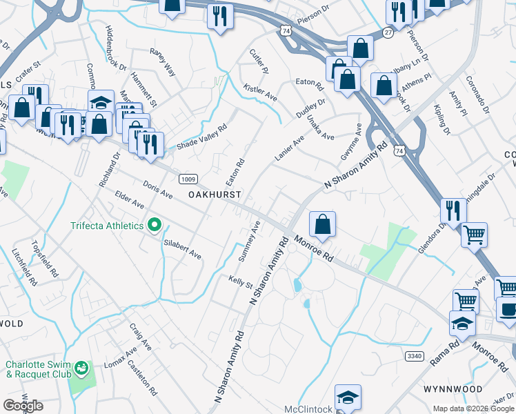 map of restaurants, bars, coffee shops, grocery stores, and more near 5109 Monroe Road in Charlotte
