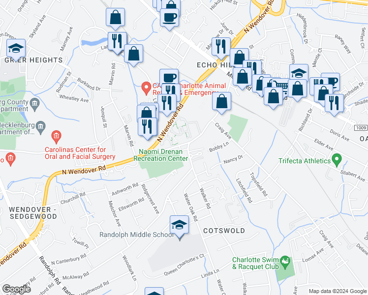 map of restaurants, bars, coffee shops, grocery stores, and more near 928 North Wendover Road in Charlotte