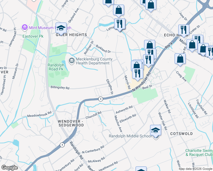 map of restaurants, bars, coffee shops, grocery stores, and more near 3612 Ellington Street in Charlotte