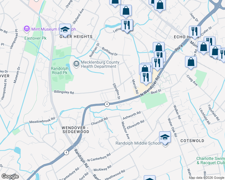 map of restaurants, bars, coffee shops, grocery stores, and more near 3612 Ellington Street in Charlotte