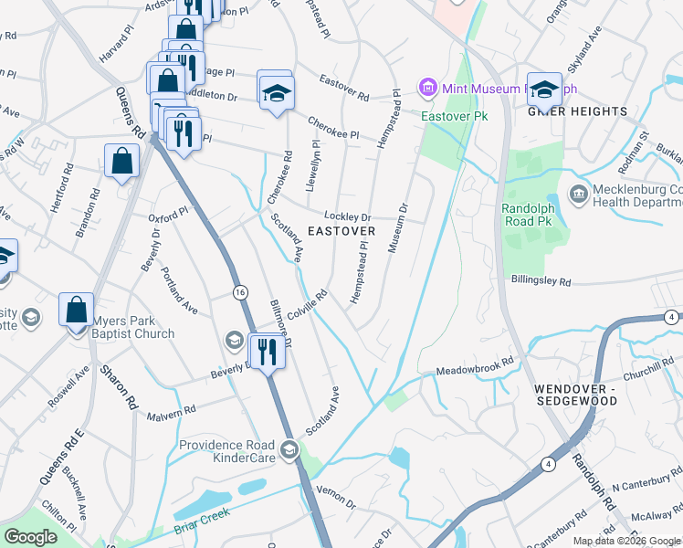 map of restaurants, bars, coffee shops, grocery stores, and more near 801 Colville Road in Charlotte