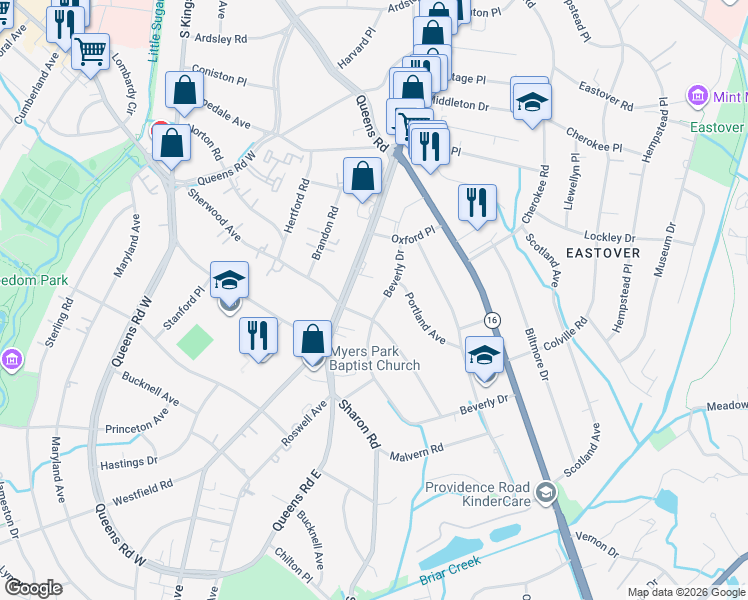 map of restaurants, bars, coffee shops, grocery stores, and more near 1700 Beverly Drive in Charlotte